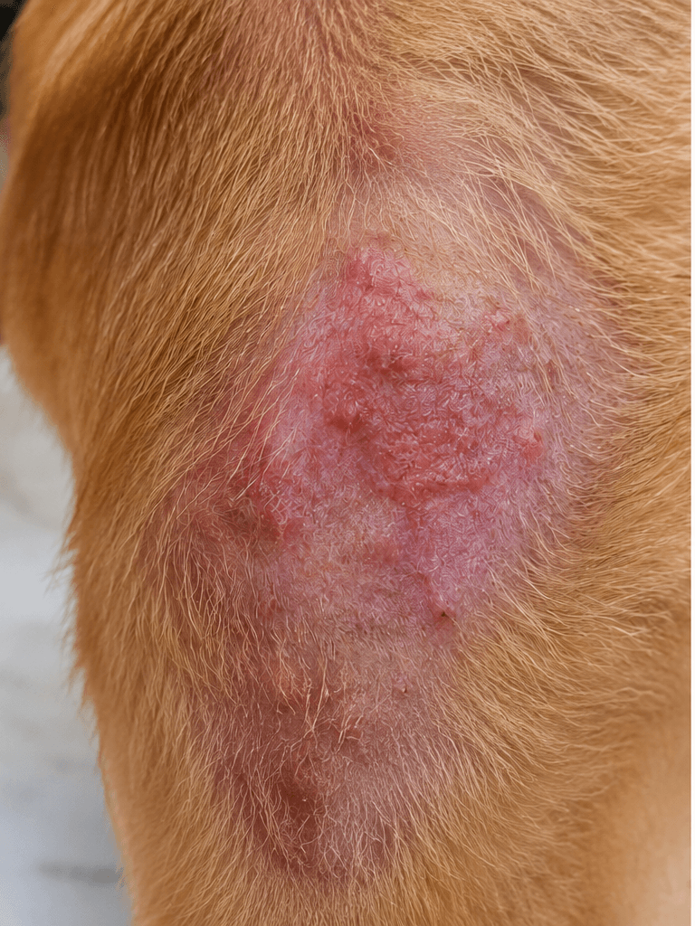 A dog's skin showing redness and irritation before treatment