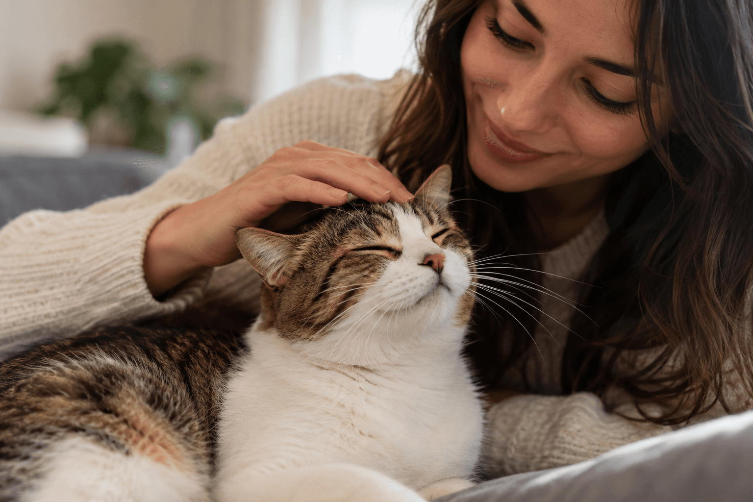 Smiling pet parent stroking a content cat on the sofa at home