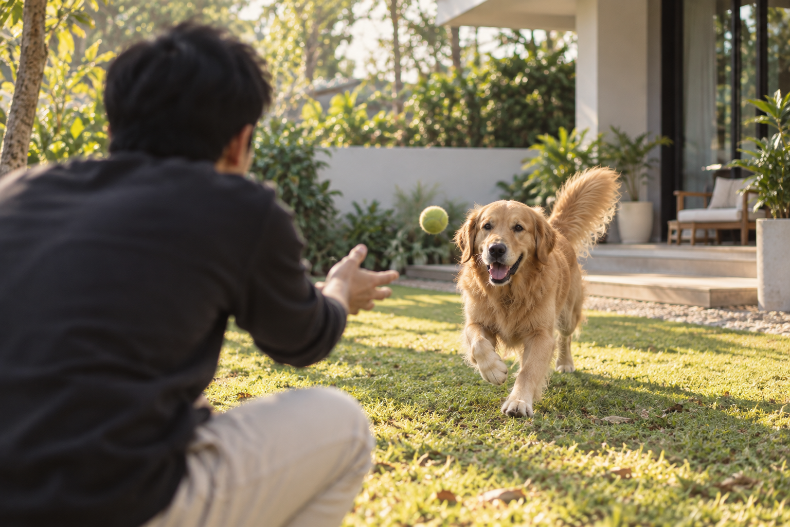 Golden retriever playing fetch in the backyard, a moment saved in a pet memory journal