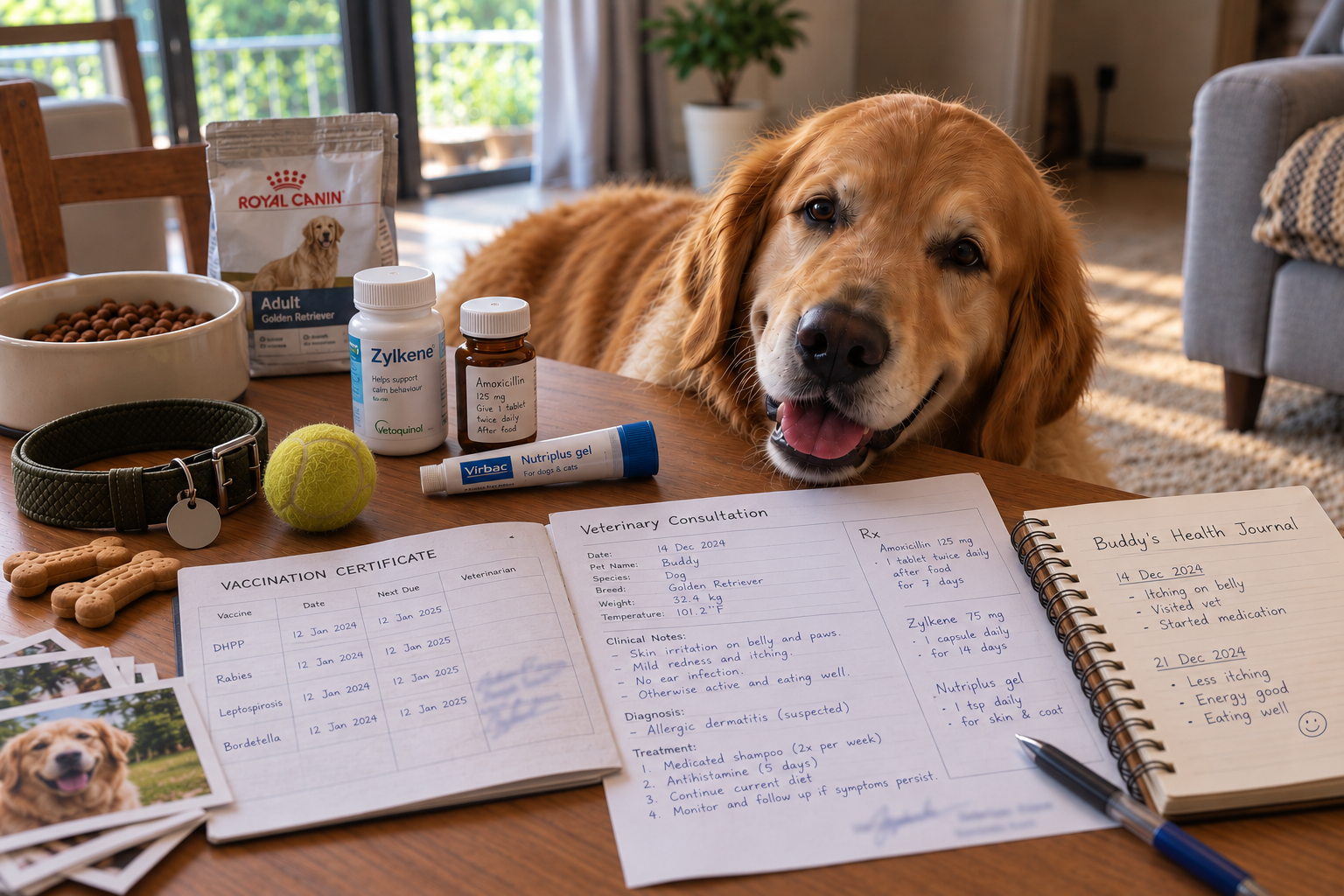 Golden retriever beside scattered pet health records: vaccination certificate, vet consultation notes, medications and a health journal