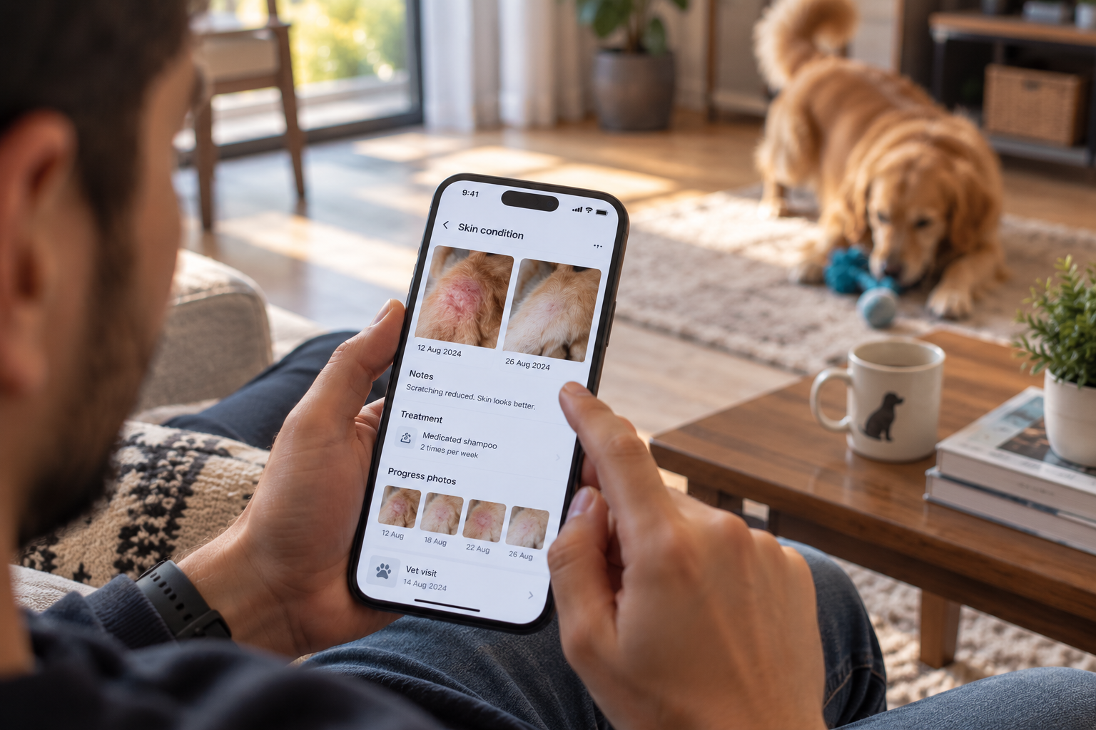Pet parent viewing a skin condition timeline with before-and-after photos, notes and treatment on a phone while their golden retriever plays nearby